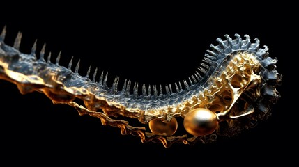 Abstract metallic spine with golden spheres on black background design art