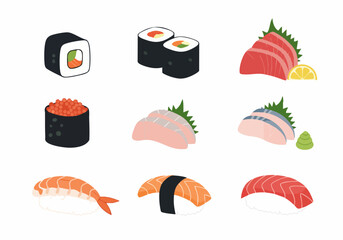 Flat Color Illustration Various Delicious Fresh Sushi Japanese Food Set