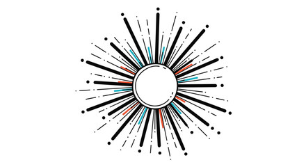 Abstract radial burst of lines and dots emitting from a central circle creating a dynamic bursting starburst effect with colorful accents