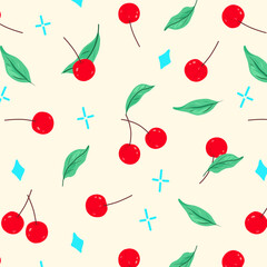 Seamless vector pattern of red cherries, green leaves, and blue graphic shapes in hand-drawn style. Cheerful and colorful layout, ideal for packaging, textiles, wallpapers, and summer decor projects.