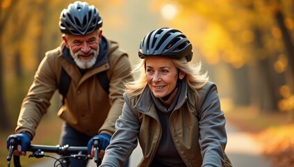 A happy and active senior couple enjoying a healthy lifestyle, cycling together on a scenic path through a beautiful autumn park.