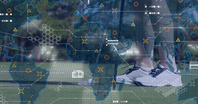 Golfer positioning putter behind ball as world map and data graphics emerging showing analytics - Powered by Adobe