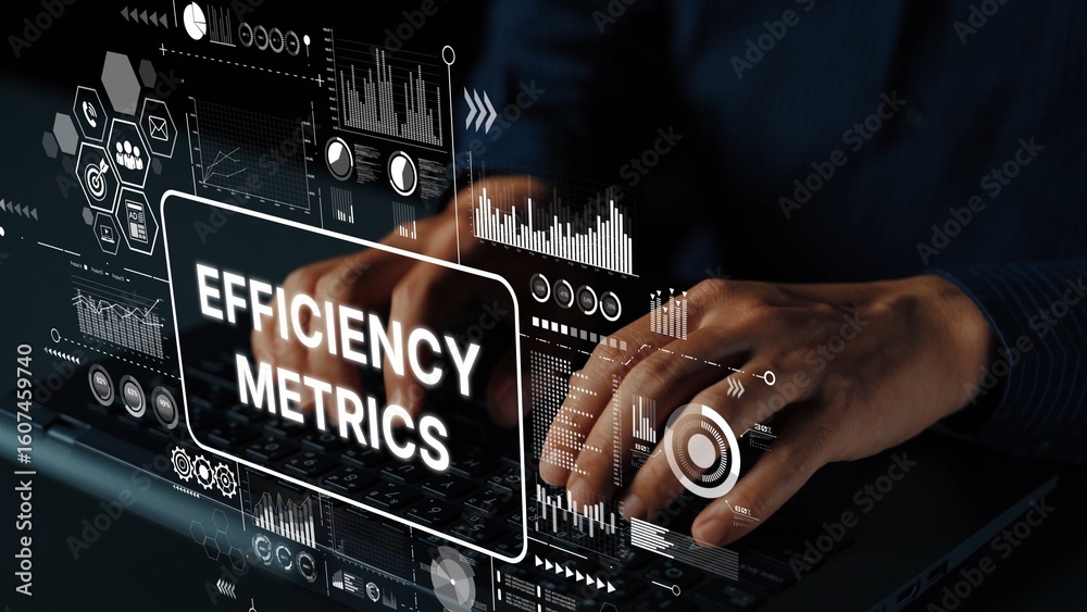 Poster hands typing on a laptop with data visualization on a display showcasing efficiency metrics and perf