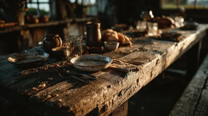 Rustic wooden table laden with empty dishes and rusticware, bathed in warm sunlight