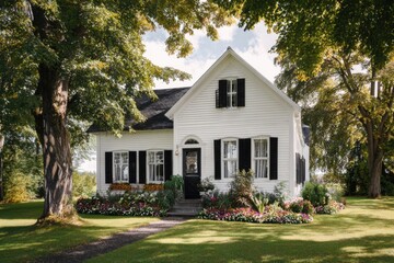 A charming white house adorned with elegant black shutters sits nestled in a vibrant flower garden, basking in the warm sunshine of a peaceful neighborhood
