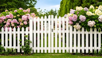White fence adorned with hydrangeas