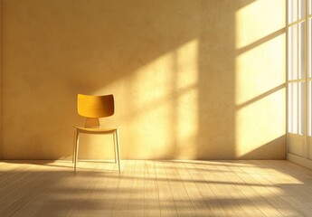 Empty room, sunlit, light wood chair
