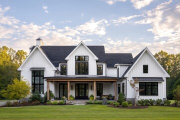 Fototapeta premium Modern farmhouse exterior featuring large windows, a welcoming porch, and lush landscaping under a bright blue sky during late afternoon