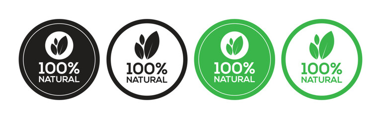 100 % Natural Product Badges in Black and Green Circular Designs with Leaf Icons for Organic Labels. Label logo 100% natural ingredients composition