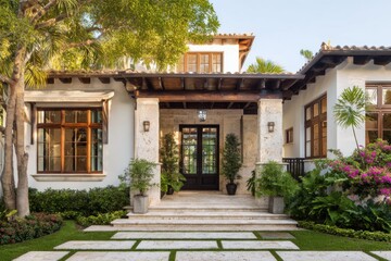 Fototapeta premium Charming entrance to a Mediterranean-style villa featuring elegant architecture and lush greenery in a sunlit coastal setting during afternoon hours
