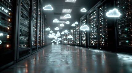 Server room with glowing cloud icons
