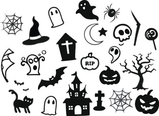 Black Halloween Icons Scattered on White Background