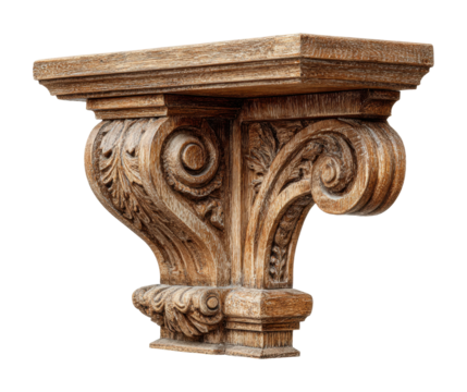 Intricate wooden corbel design artisan workshop decorative element rustic charm side view isolated on transparent background
