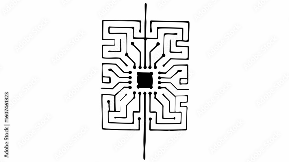 Poster stylized computer chip illustration with connecting lines and central square in black and white styl