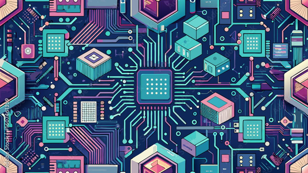 Poster detailed illustration of a complex circuit board with various components and connections visible cre