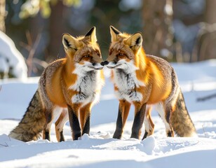 Fototapeta premium Cinematic photograph of two wild foxes playing on a snowy forest floor, natural lighting with gentle shadows