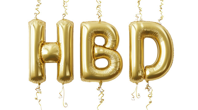 Balloon letters spelling "HBD" floating in the air, clean transparent background, metallic shine and party strings hanging down, isolated on transparent background