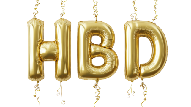 Balloon letters spelling "HBD" floating in the air, clean transparent background, metallic shine and party strings hanging down, isolated on transparent background