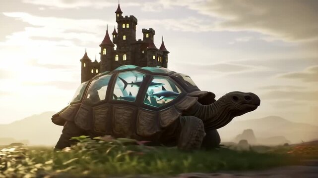 Animated video of a giant turtle walking with an aquarium containing sharks on its shell and a castle on top.
Video generated by AI.	