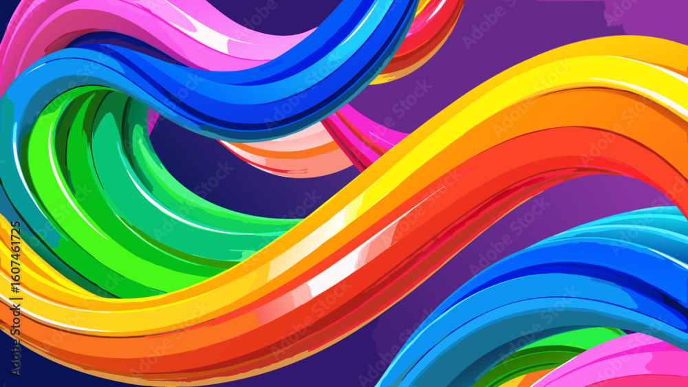 Poster colorful curved lines intertwining on a purple background create a vibrant and playful design elemen