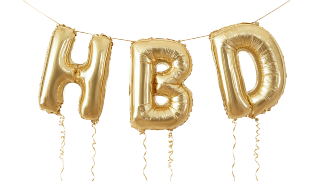 Balloon letters spelling "HBD" floating in the air, clean transparent background, metallic shine and party strings hanging down, isolated on transparent background 