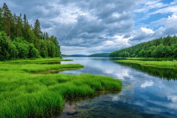Serene river flowing through lush greenery under a dramatic cloudy sky landscape