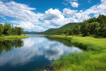 Serene river winding through lush green landscape under a brilliant blue sky with fluffy clouds