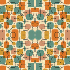 Mid-century modern seamless pattern featuring atomic starbursts and organic rounded squares in a retro color palette. Ideal for vintage designs, textiles, and nostalgic backgrounds