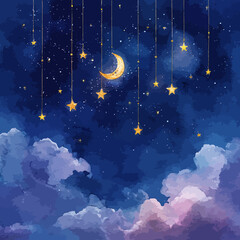 Dark blue starry night sky with moon and winter trees landscape