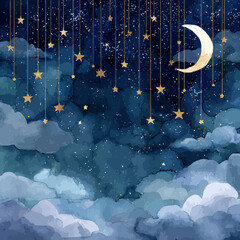 Christmas night winter landscape with snow-covered trees, a bright moon, and stars in the blue sky