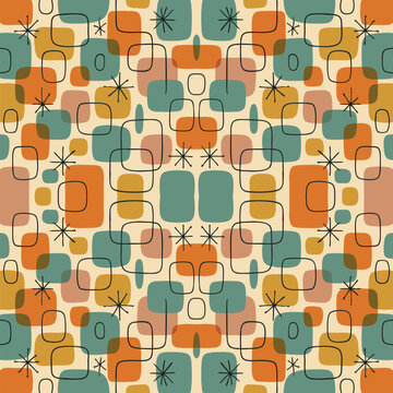 Mid-century modern seamless pattern featuring atomic starbursts and organic rounded squares in a retro color palette. Ideal for vintage designs, textiles, and nostalgic backgrounds
