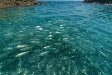 Vibrant school of silver fish swimming together in crystal clear turquoise ocean water near rocky shoreline