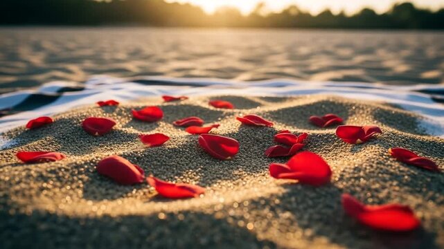 Romantic Red Rose Petals on Beach Sand at Sunset