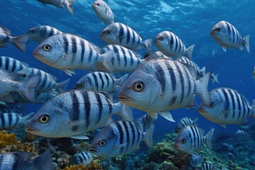 A school of striped tropical fish swims together through vibrant blue ocean waters near coral reefs