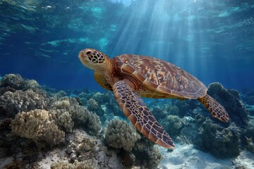 Majestic sea turtle glides gracefully through sunlit coral reef waters