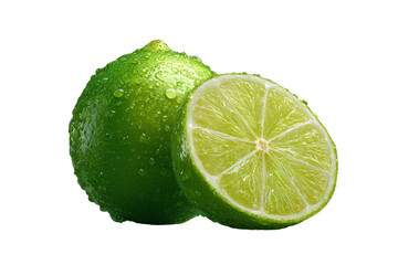 Fresh Whole Lime with Dewy Surface and Cross-Section Slice, Front Angle, Isolated on Transparent Background