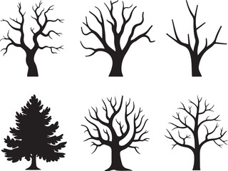 Set of Tree Silhouettes Vector – Deciduous and Evergreen Trees, Bare Winter Branches, Black Forest Icons