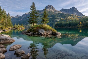 Serene mountain lake reflects majestic peaks and verdant trees under a softly clouded sky