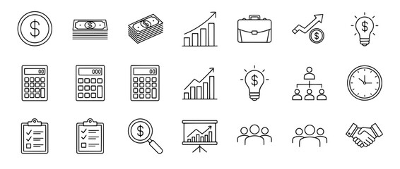 Collection of business and finance icons including money charts calculators and teamwork symbols drawn in line art