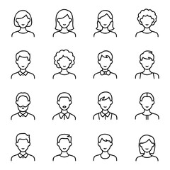 Vector line art of a collection of sixteen diverse head and shoulder portraits in a simple line drawing style