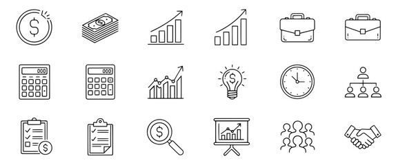 Vector line art style featuring business and finance related icons including money charts and organizational structure