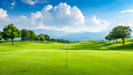Naklejka premium Stunning golf course landscape with bright sky and lush green fairway