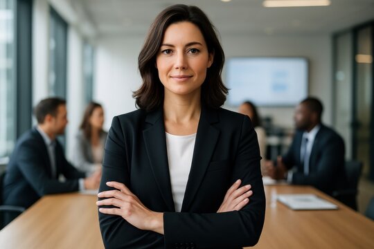 Poised Executive: Confident executive stands in the boardroom, embodying leadership and corporate authority, in a polished setting that highlights professionalism and strategic intent.