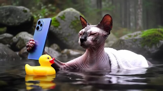 Animated video of a sphynx cat relaxing in an outdoor hot spring with a face mask, taking a selfie, accompanied by a rubber duck .
Video generated by AI.	