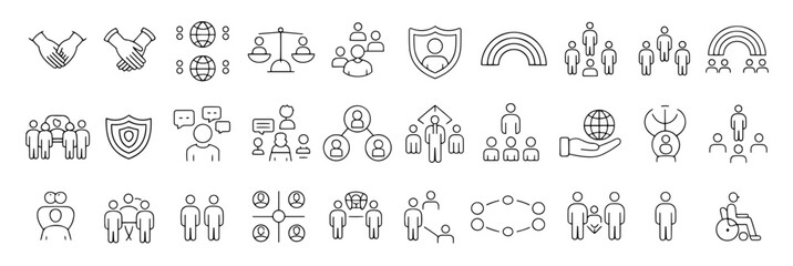 Vector Illustration showing various social and organizational concepts represented by stick figures and symbols in black