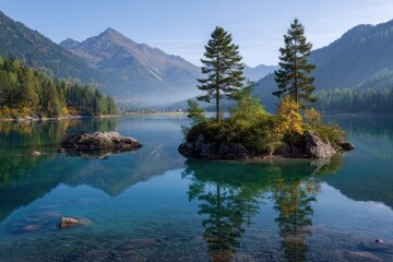 Tranquil alpine lake reflects majestic mountain peaks and verdant island under a clear blue sky