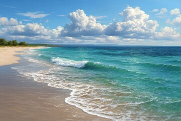 Vibrant tropical shoreline with turquoise waters and fluffy clouds under a bright sunny sky