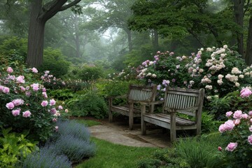 Tranquil woodland garden scene featuring two wooden benches amidst lush blooming flowers and verdant foliage