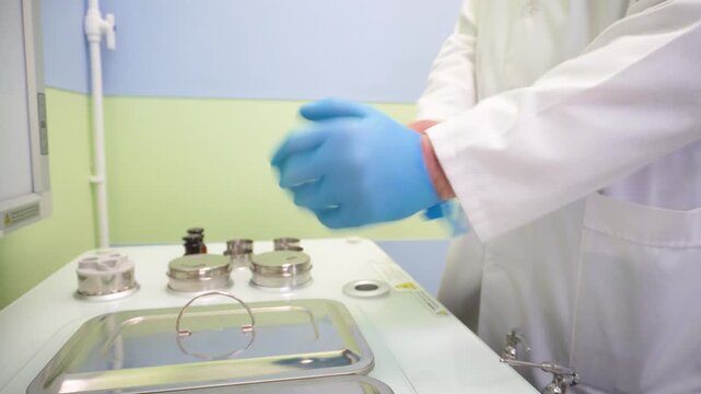 the process of putting on protective gloves in the laboratory. A man in a white lab coat pulls on blue disposable gloves. The doctor puts on disposable blue medical gloves.