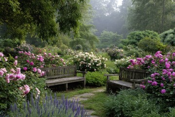 Enchanting woodland garden path lined with abundant blooming flowers and lush greenery on a misty morning